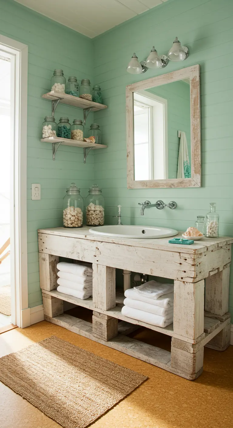Baño de estilo costero con mueble hecho de palés pintados de blanco y paredes verde menta.