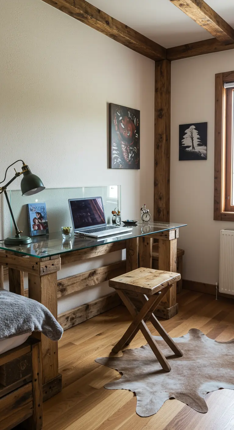 Escritorio con patas de palets apilados y un tablero de cristal, integrado en un dormitorio rústico.