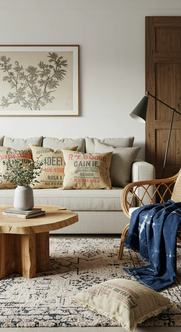 Sofá con cojines hechos de sacos de arpillera reciclados con tipografía estampada