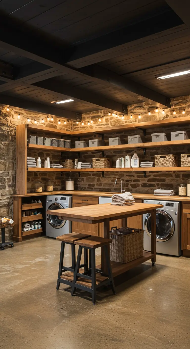 Gran lavandería en un sótano con paredes de piedra, estanterías de madera y luces de cadena.