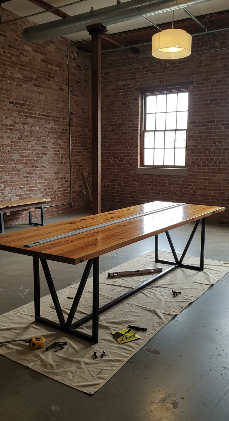 Mesa de comedor de madera maciza con acabado brillante y base de metal negro en forma de X.