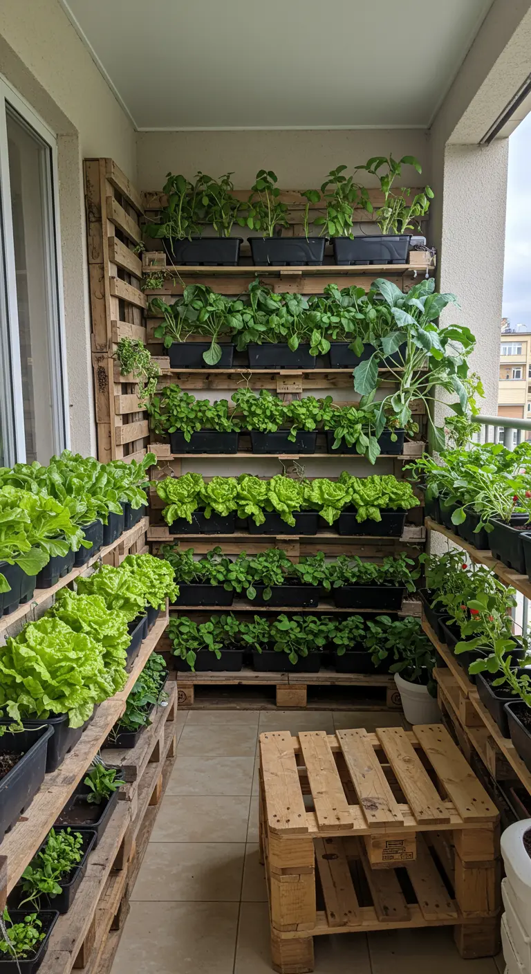 Balcón completamente cubierto de palets utilizados como jardineras verticales para cultivar lechugas y hortalizas.