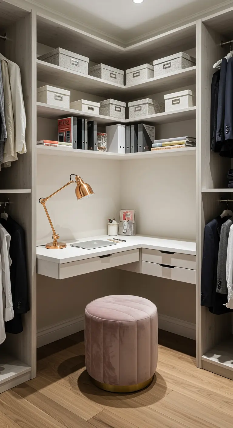 Escritorio esquinero blanco en un vestidor, con una lámpara de cobre y un puf de terciopelo rosa.