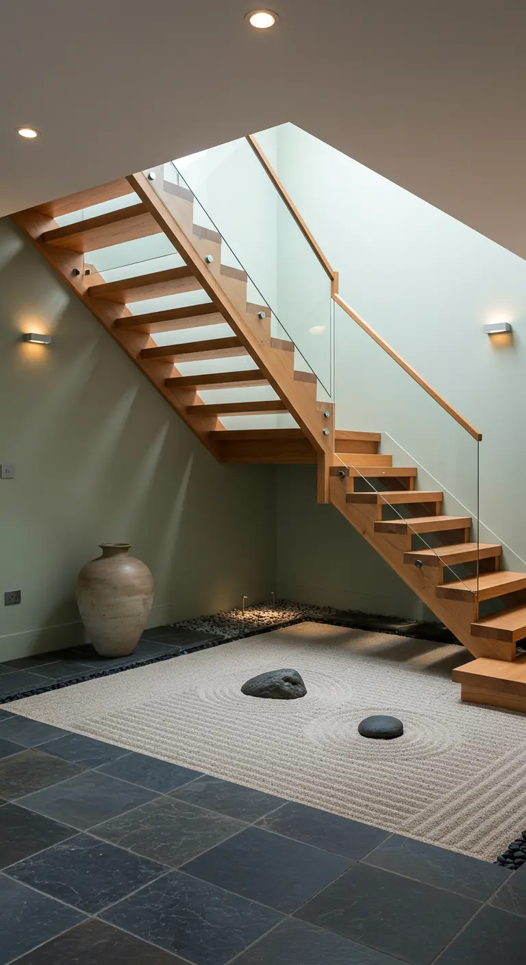 Jardín zen de arena y rocas bajo una escalera de madera y cristal.