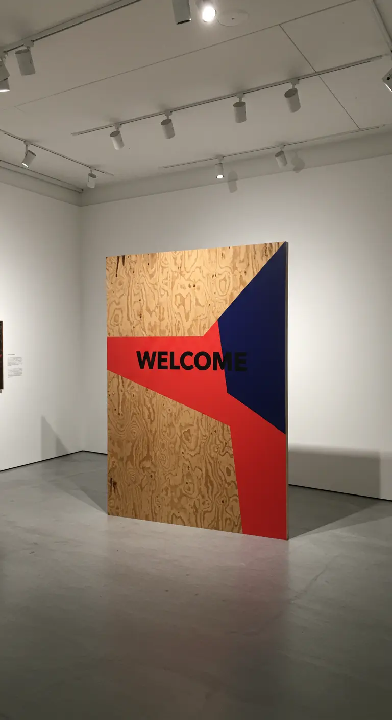 Gran cartel de bienvenida de madera con un diseño geométrico moderno en rojo y azul.