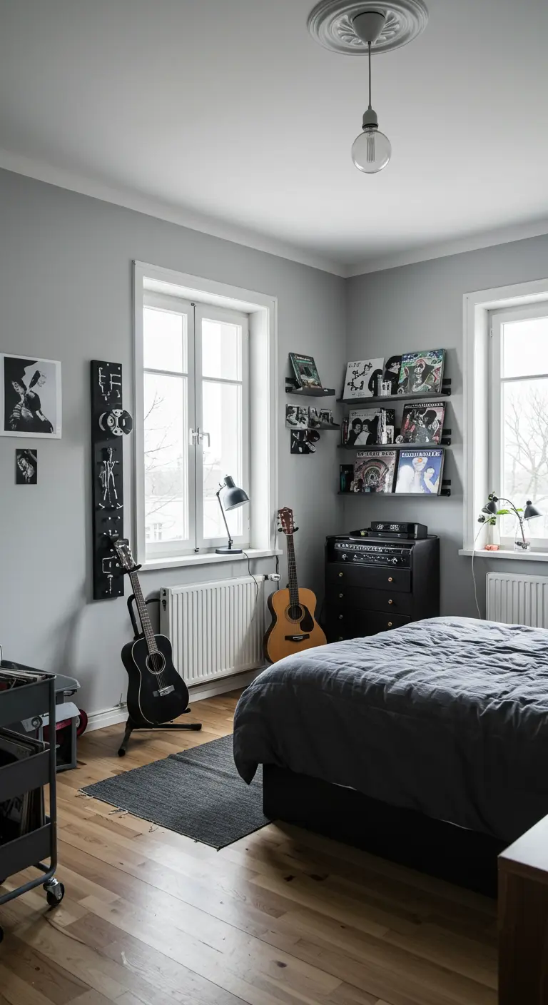 Habitación juvenil con guitarras en soportes y una colección de vinilos en estanterías.