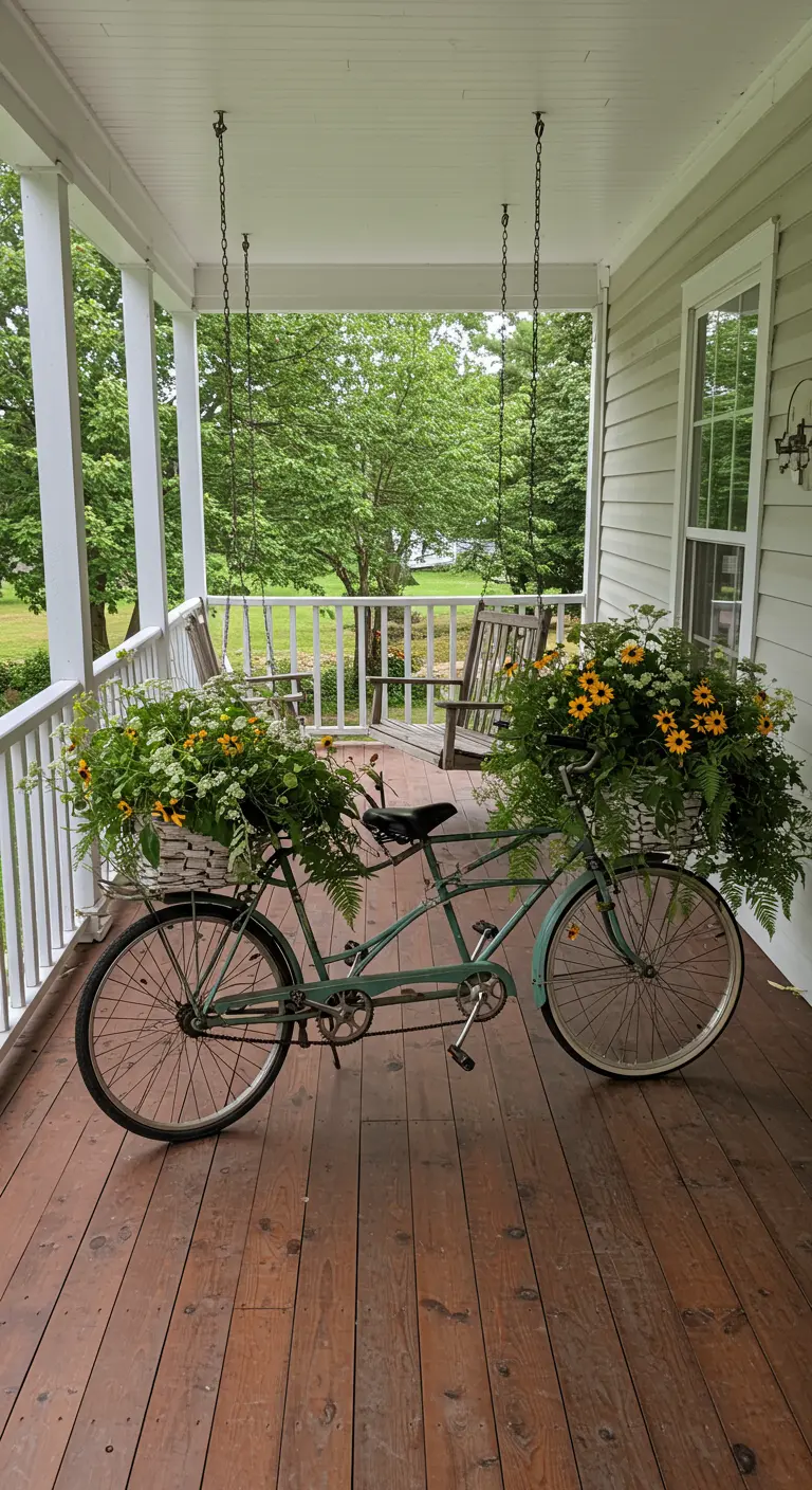 Bicicleta tándem de color verde menta con dos cestas rebosantes de flores en un porche