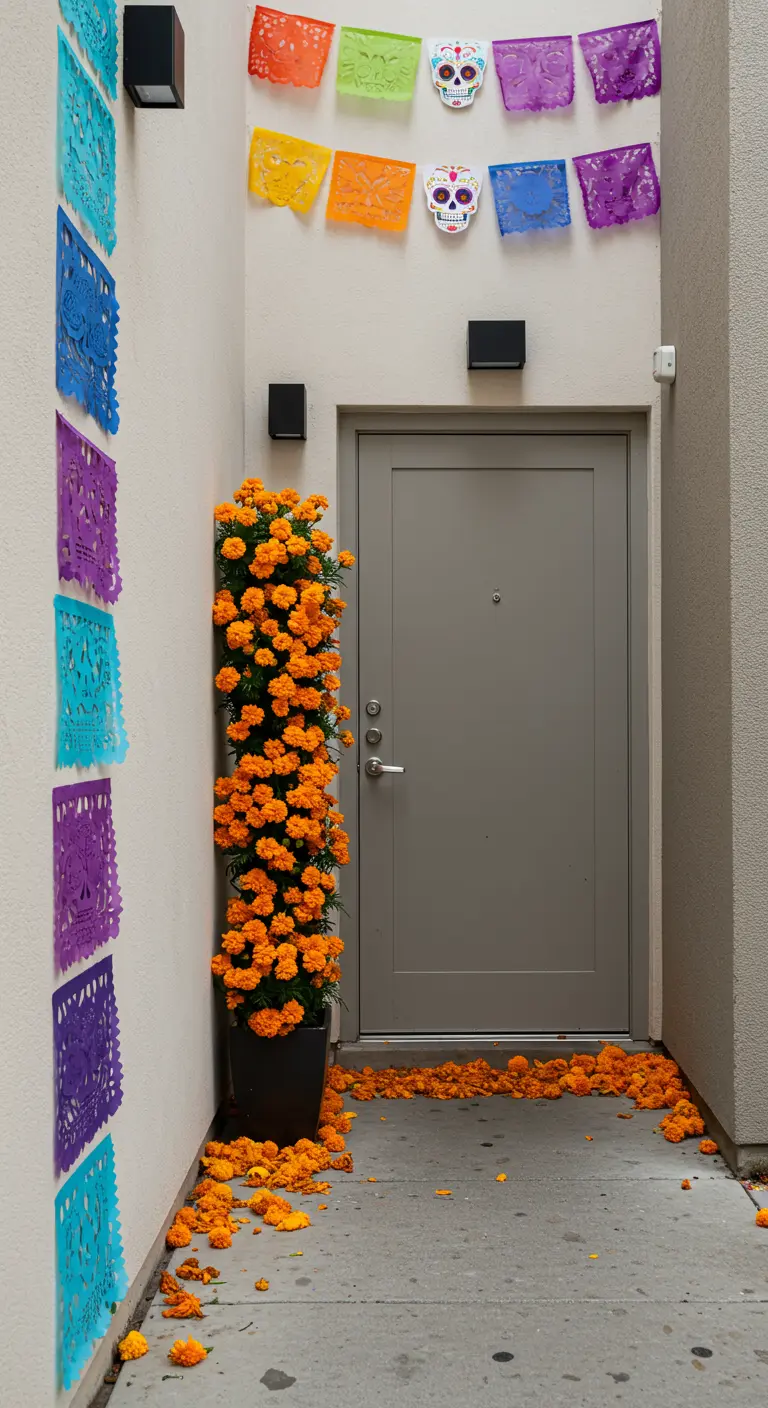 Pasillo de entrada estrecho decorado con papel picado vertical y una maceta alta.