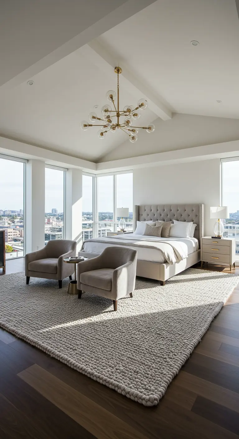 Dormitorio amplio y luminoso con una gran alfombra de lana trenzada bajo la cama y dos butacas.