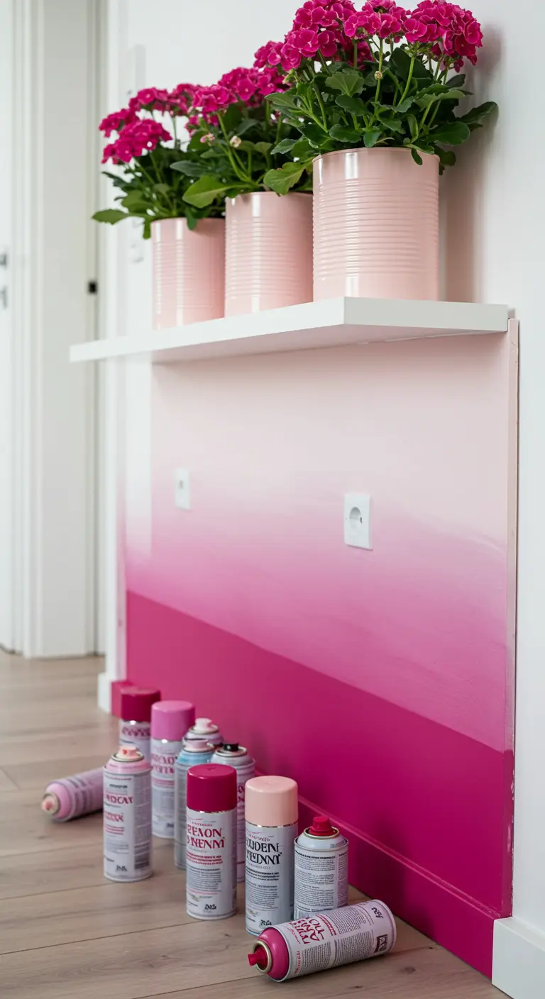 Macetas de lata pintadas con spray en un degradado de tonos rosas.