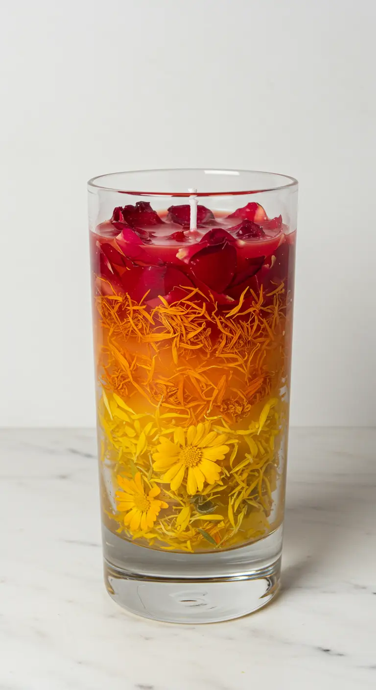 Vela alta con capas de flores en degradado de color: amarillo, naranja y rojo.