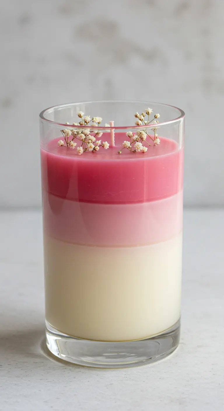 Vela en vaso de cristal con capas de cera en tonos rosa y blanco.