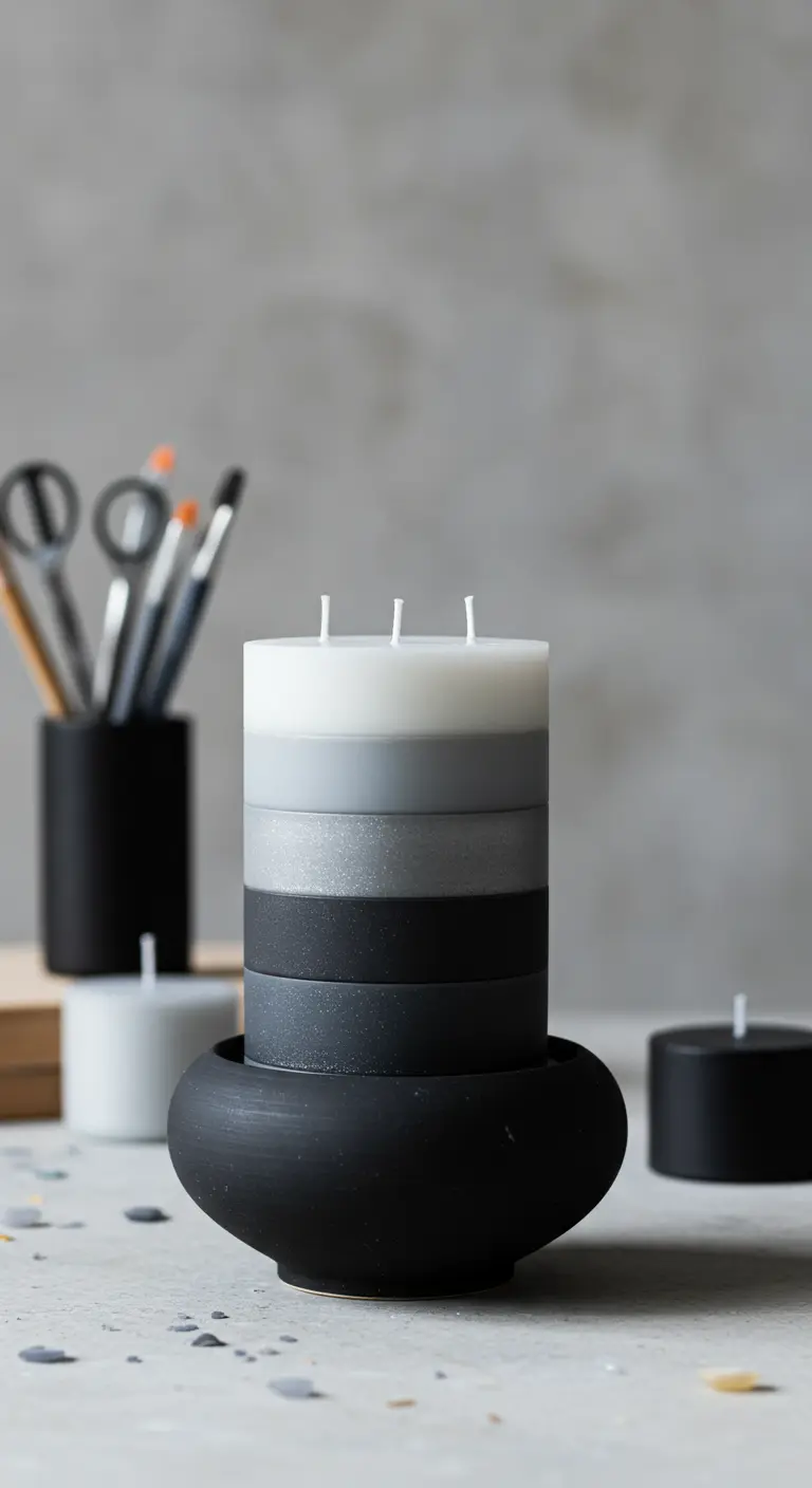 Vela cilíndrica con capas en una escala de grises, desde el blanco hasta el negro, en un portavelas.