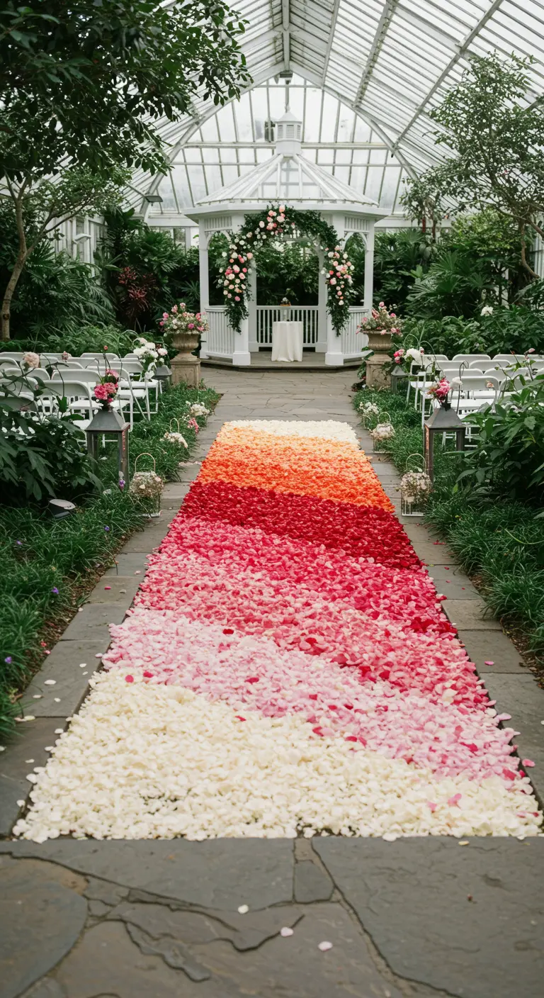 Pasillo de pétalos de flores en degradado de blanco a rojo en un invernadero.