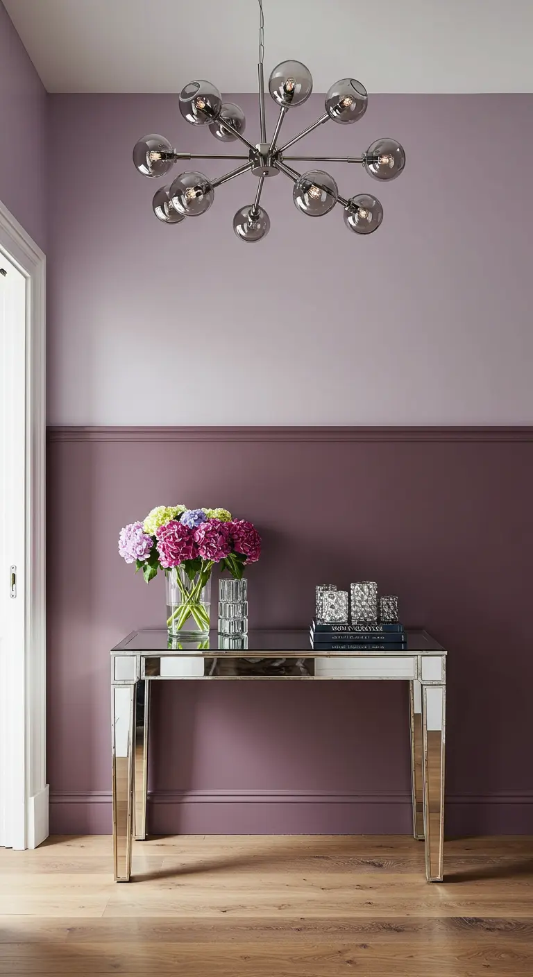 Entrada con pared pintada en dos tonos de malva y una consola de espejo.