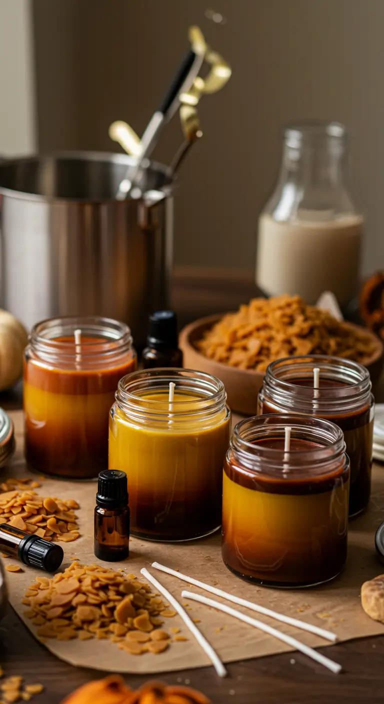 Proceso de creación de velas en frascos con capas en tonos anaranjados y marrones.