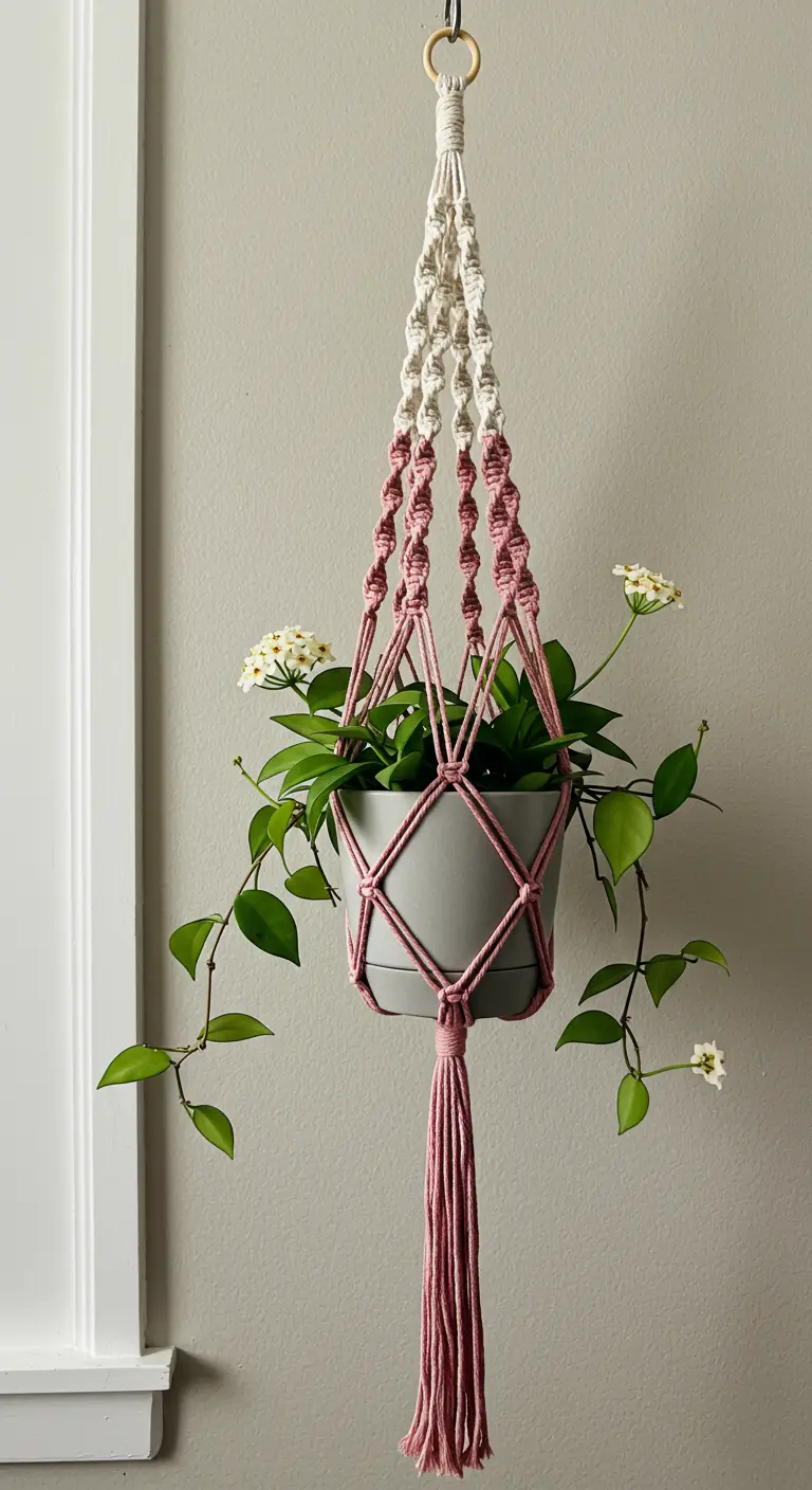 Colgador de macramé con un degradado de blanco a rosa, sosteniendo una planta con flores blancas.