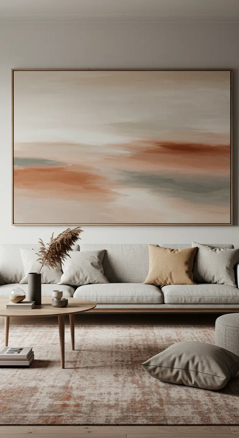 Salón con un gran cuadro abstracto en tonos tierra sobre un sofá gris claro