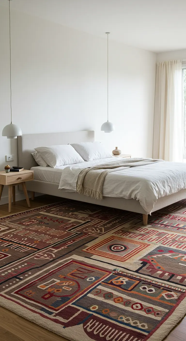 Dormitorio minimalista blanco con una gran alfombra de suelo con vibrantes patrones geométricos.