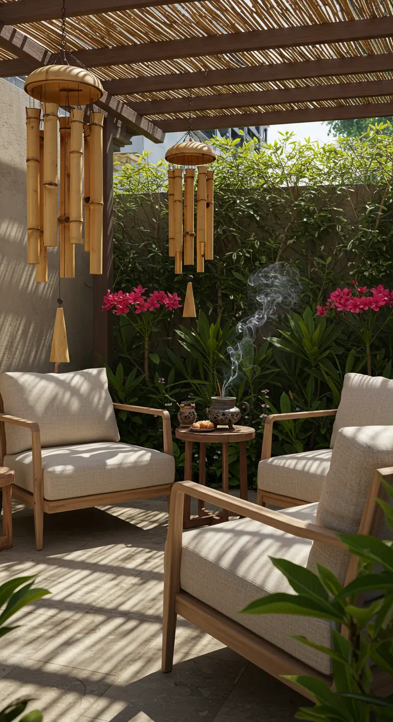 Zona de descanso con sillones de madera y carrillones de viento de bambú colgando.