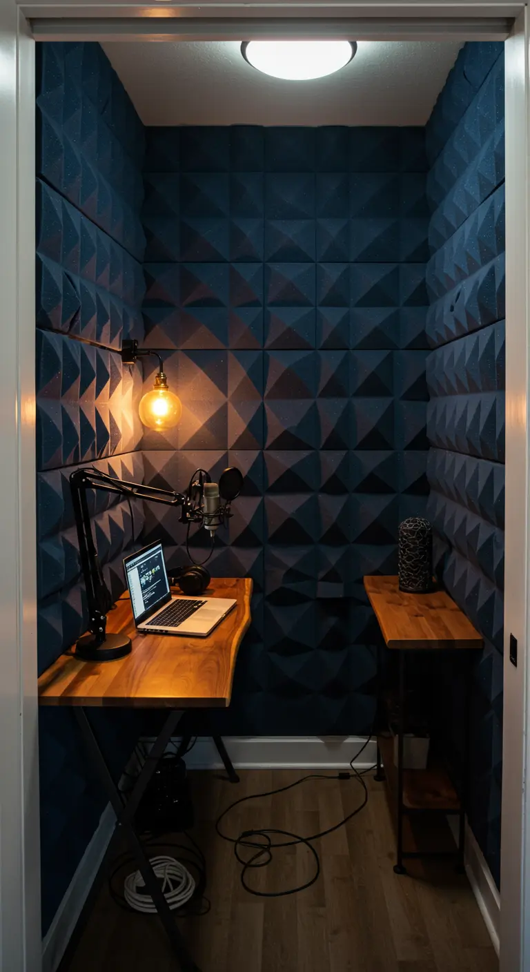 Pequeño estudio de grabación dentro de un armario con paneles de espuma acústica y un escritorio de madera.