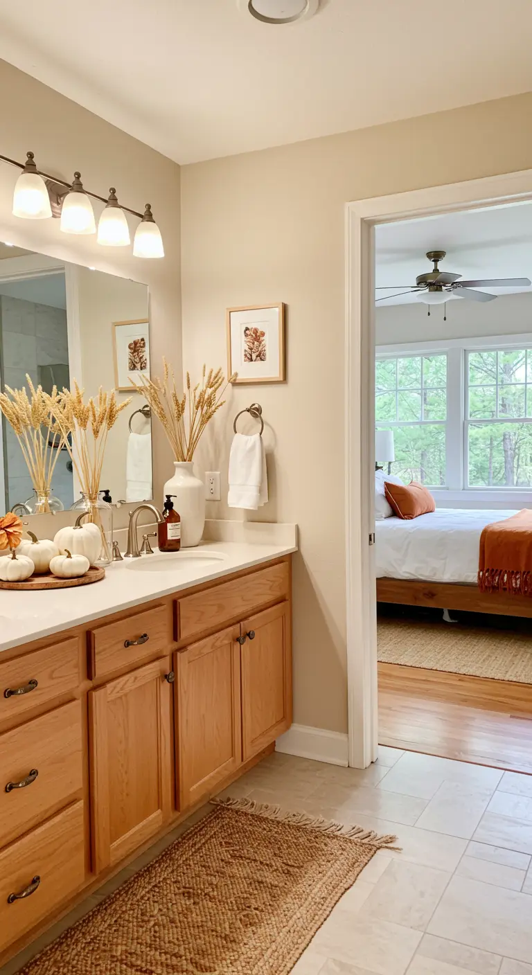 Encimera de baño con calabazas blancas y trigo, con vistas a un dormitorio con tonos a juego.