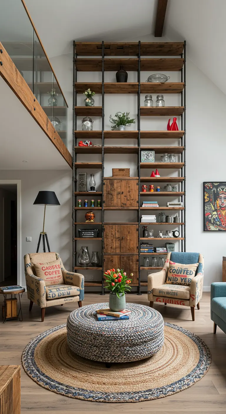 Sillones tapizados con sacos de café reciclados en una sala de estar con estanterías altas de estilo industrial.