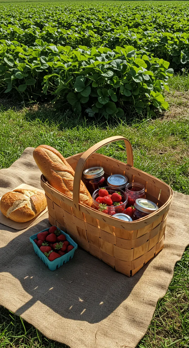 Cesta de madera llena de fresas, mermelada casera y pan sobre una tela de arpillera.