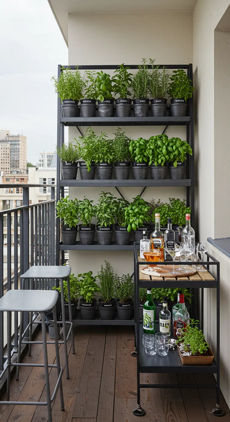 Balcón con una estantería llena de hierbas aromáticas y un carrito de bar para preparar cócteles.