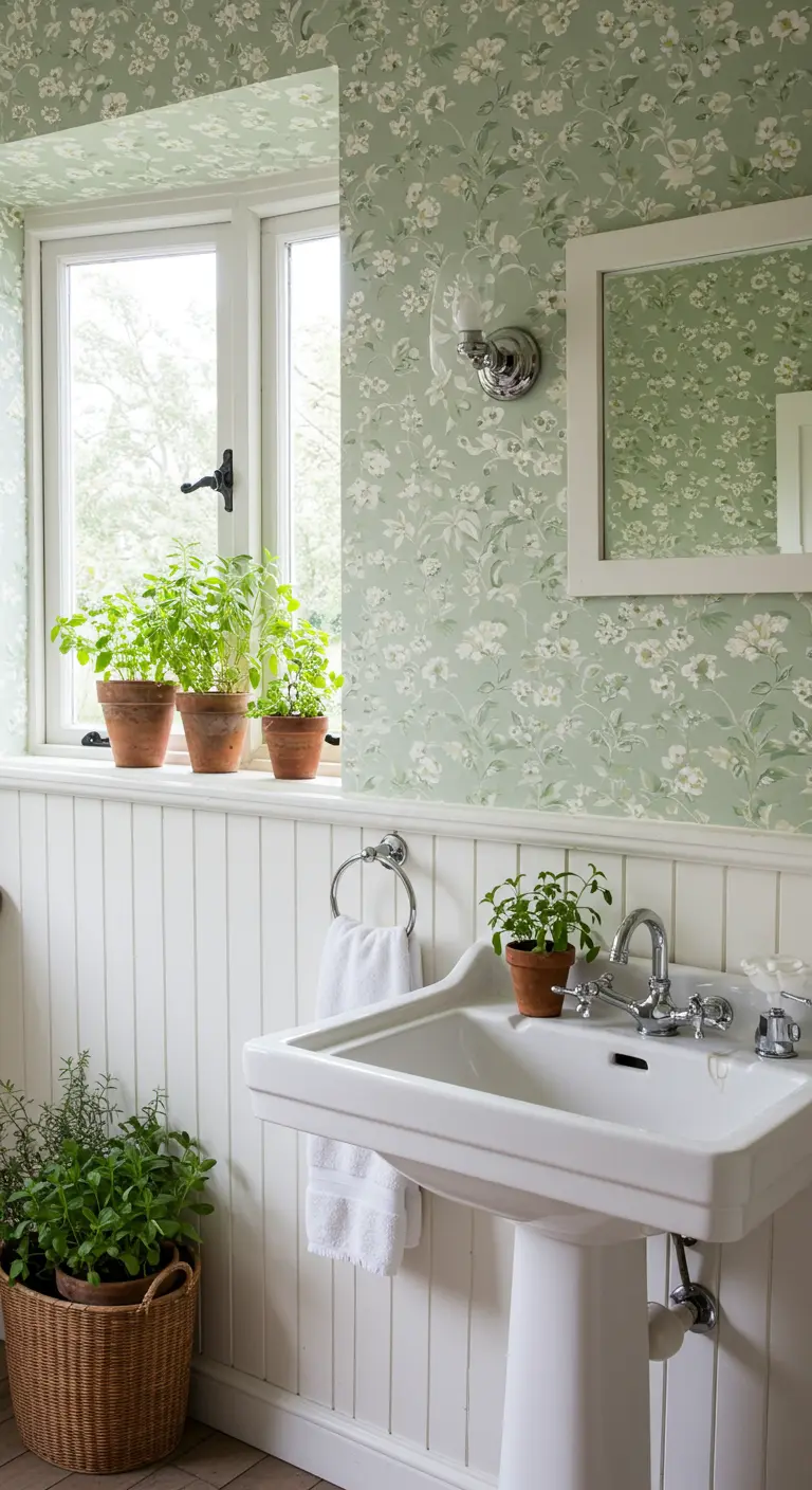 Baño de estilo cottage con papel pintado floral y zócalo de madera blanca.