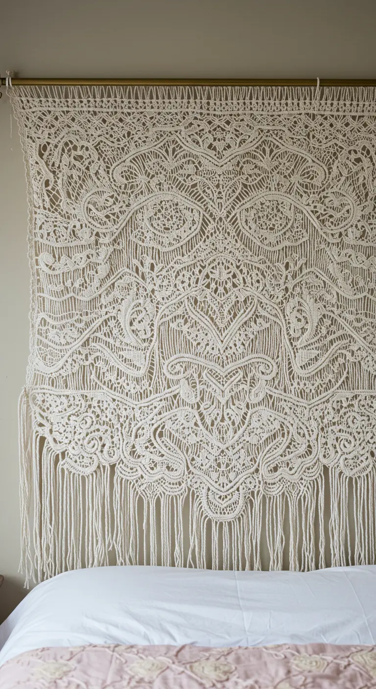 Cabecero de macramé con un patrón muy intrincado y detallado, similar al encaje.