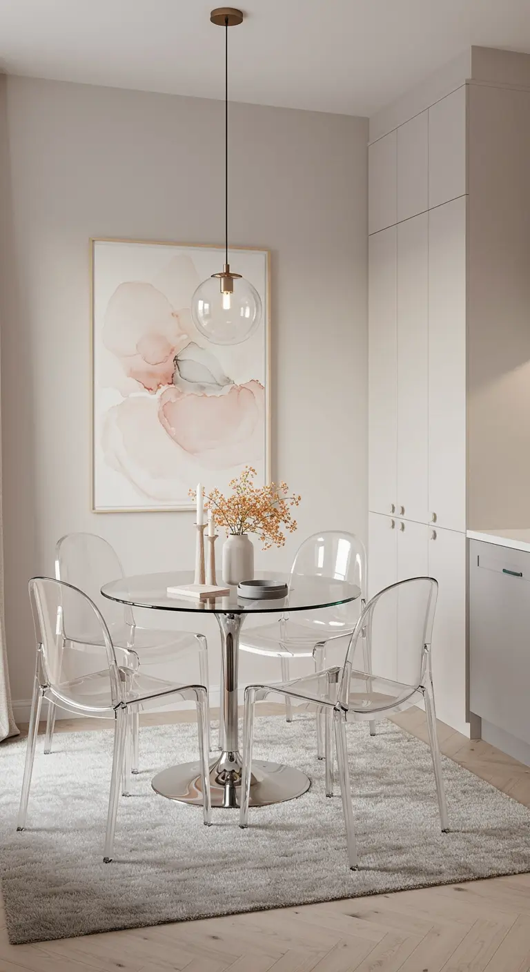 Comedor con arte abstracto en acuarela rosa y mesa redonda de cristal.