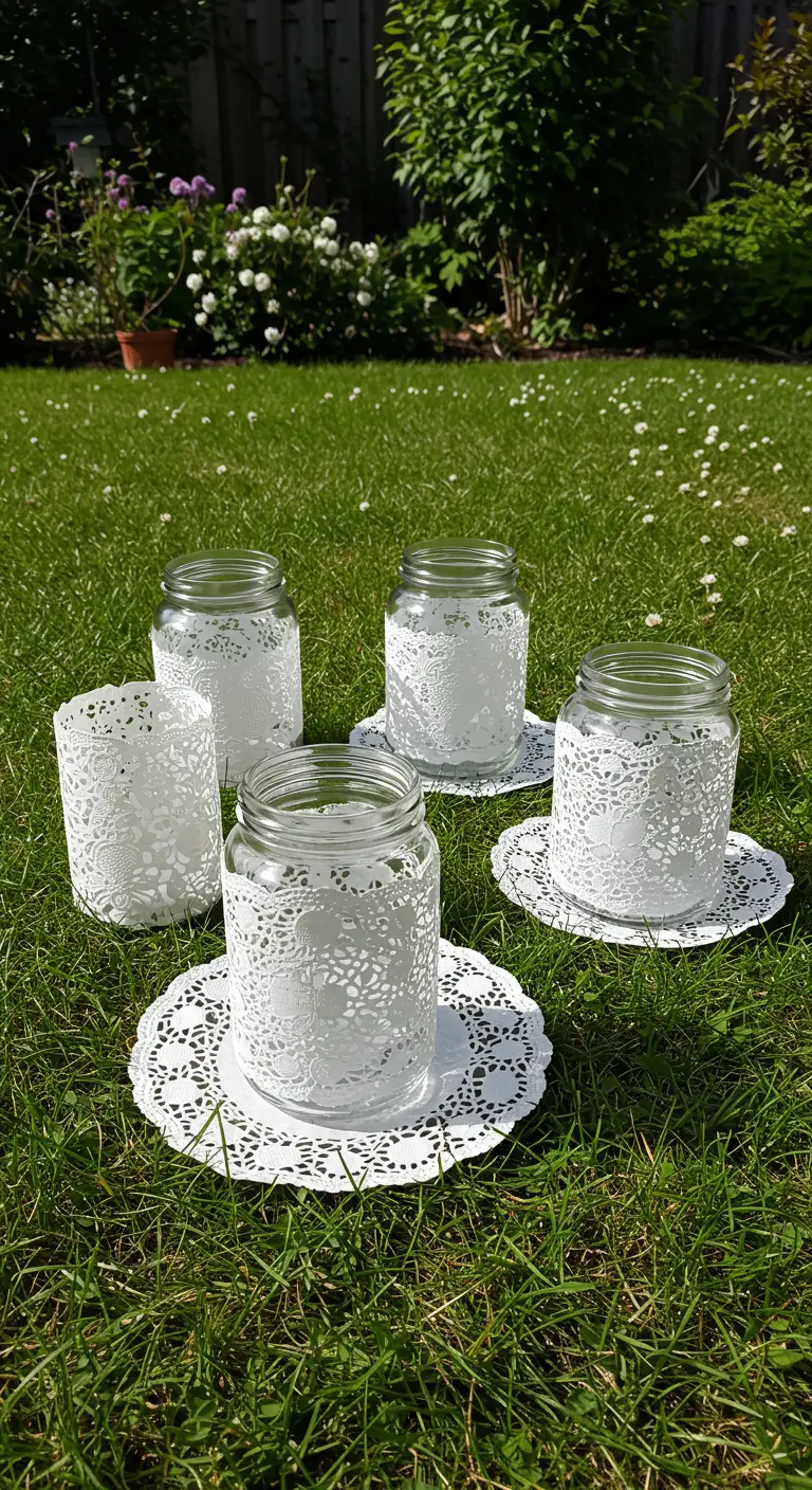 Portavelas hechos con frascos de vidrio y blondas de papel blanco, colocados sobre el césped.