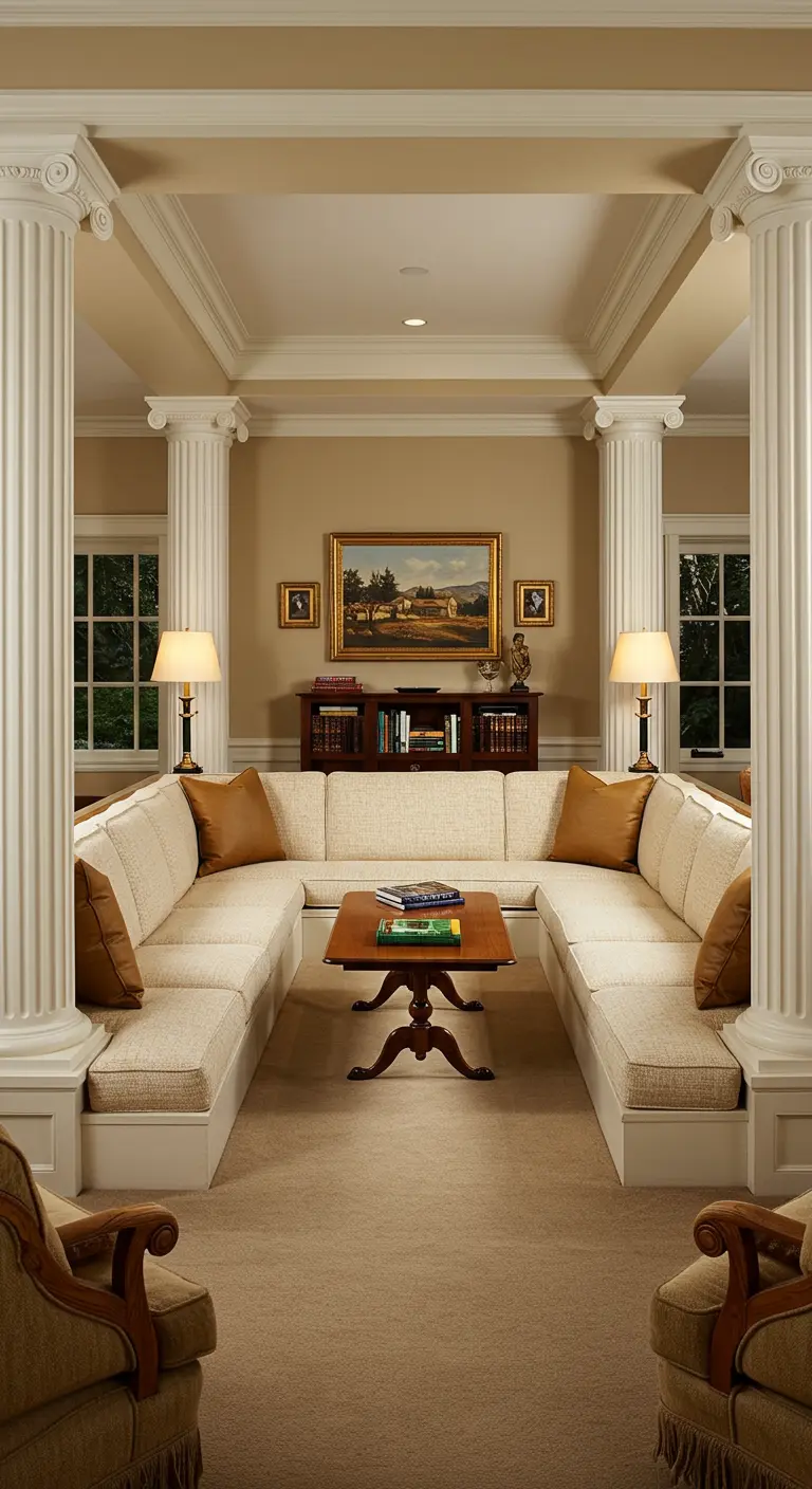 Zona de sofás en forma de U enmarcada por cuatro columnas blancas y vigas en el techo