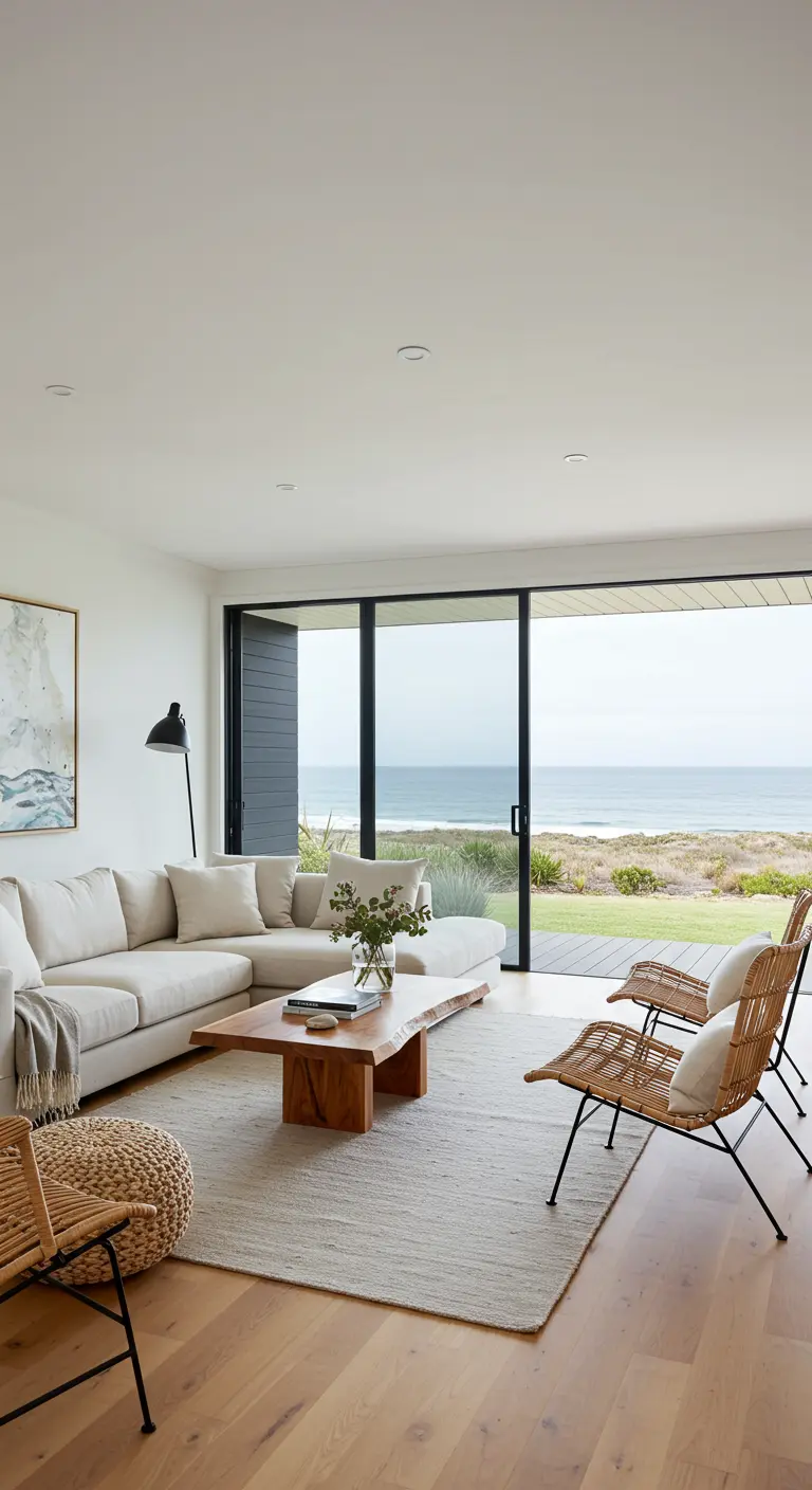 Sala de estar abierta con sofá blanco y sillas de mimbre que miran hacia la playa.