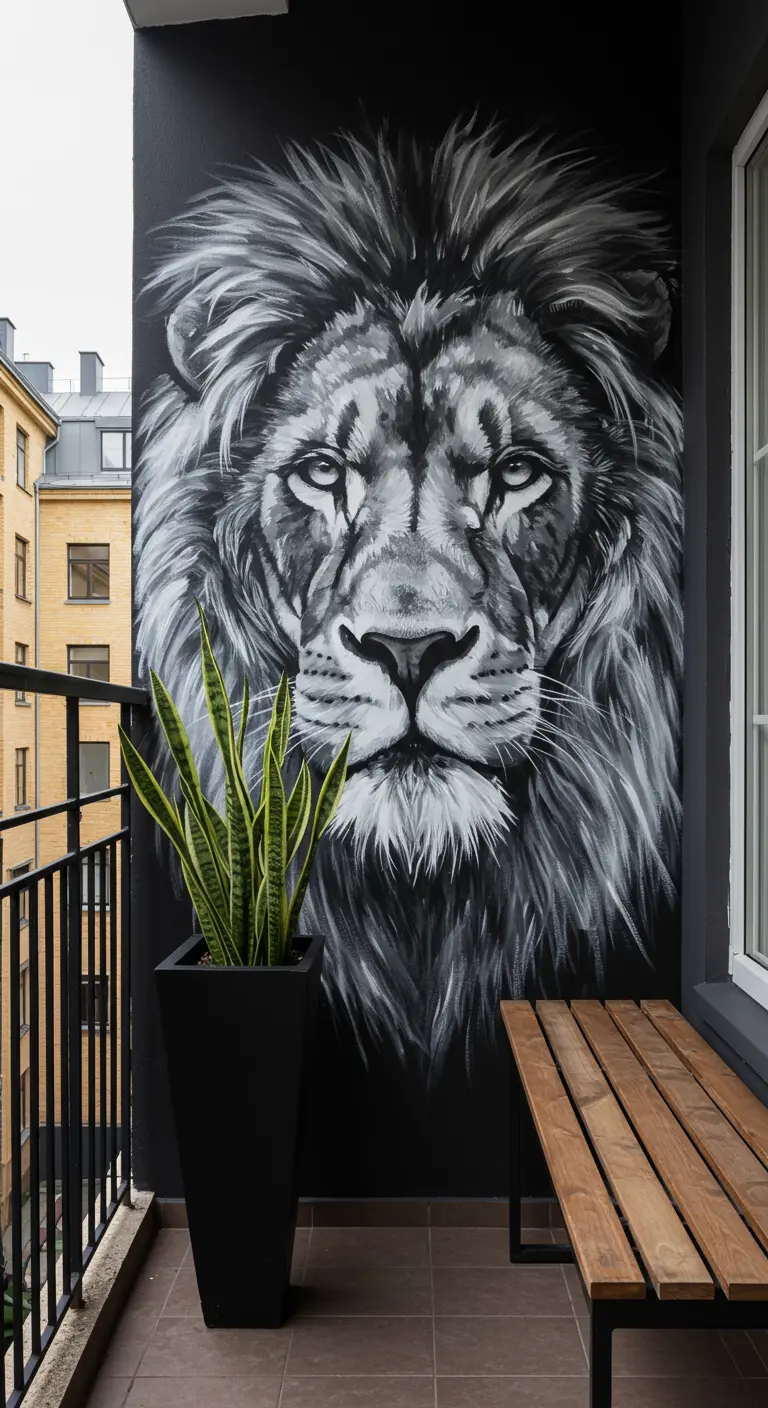 Balcón con un impactante mural en blanco y negro del rostro de un león.