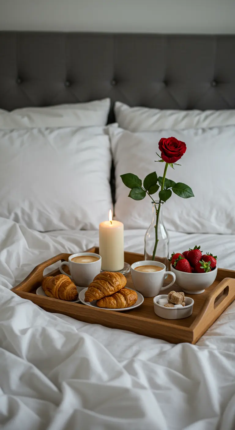 Bandeja de desayuno en la cama con café, cruasanes, fresas y una rosa roja.