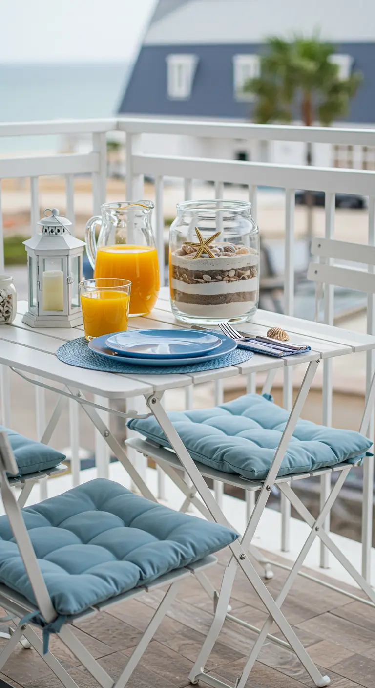 Mesa de desayuno en un balcón con cojines azules y un tarro con capas de arena como centro de mesa.
