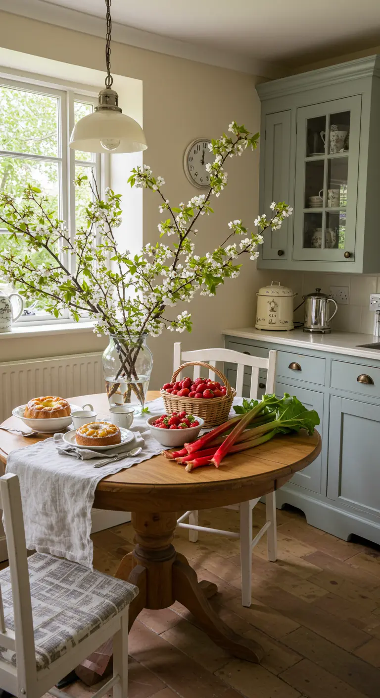 Mesa de cocina con jarrón de flores de cerezo, ruibarbo y pasteles.