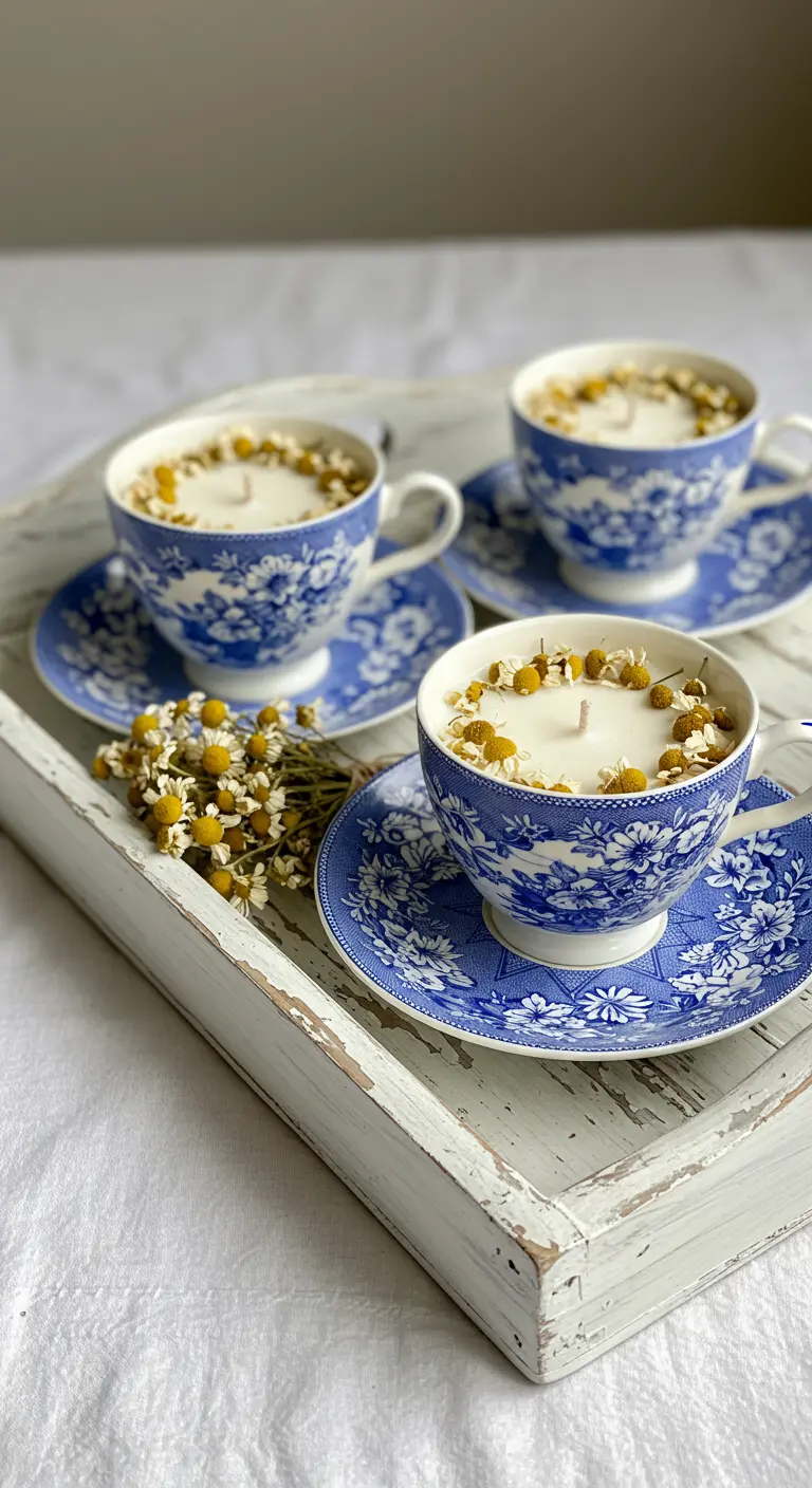 Tres velas en tazas de porcelana azul y blanca decoradas con manzanilla