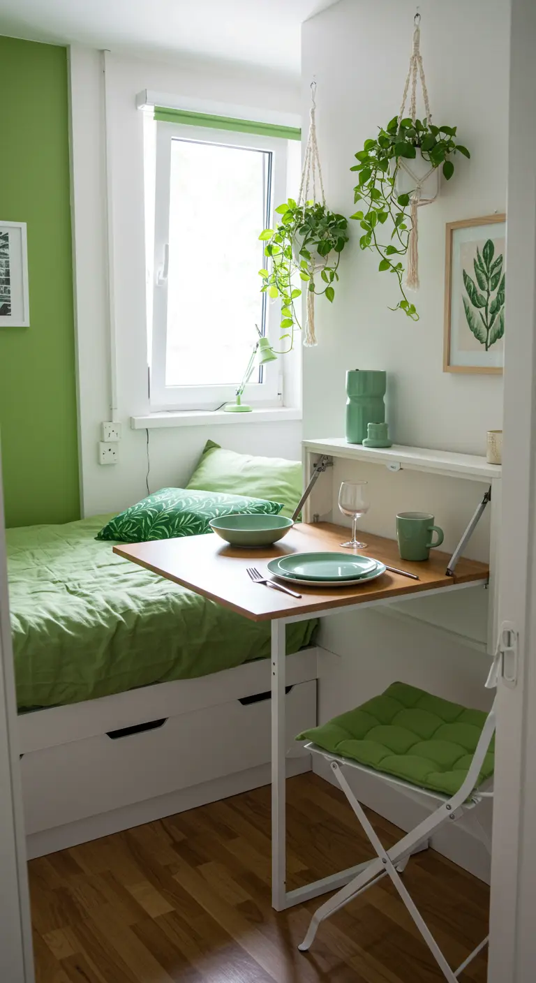 Pequeña mesa de comedor plegable sobre una cama en un dormitorio verde.