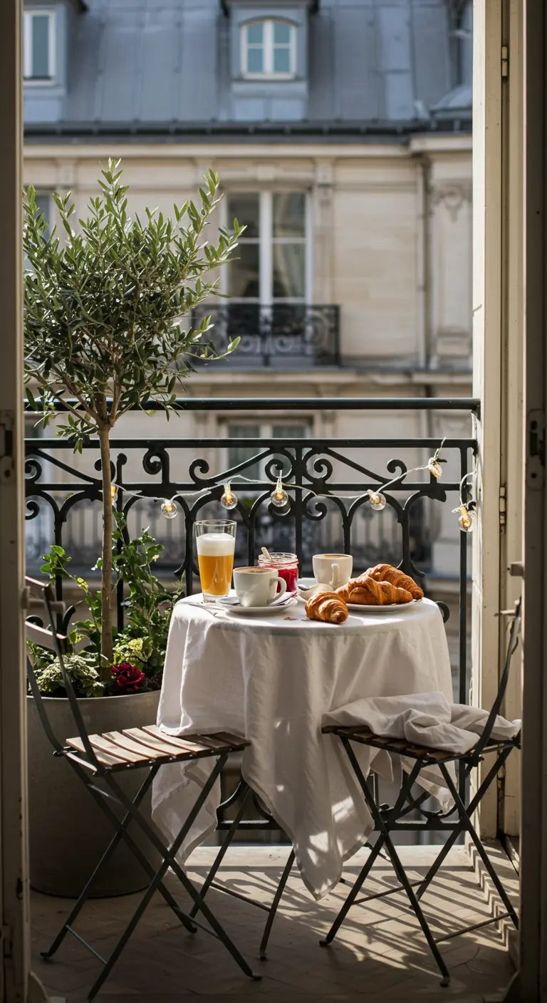 Desayuno para dos en un balcón parisino con croissants, café y un olivo pequeño