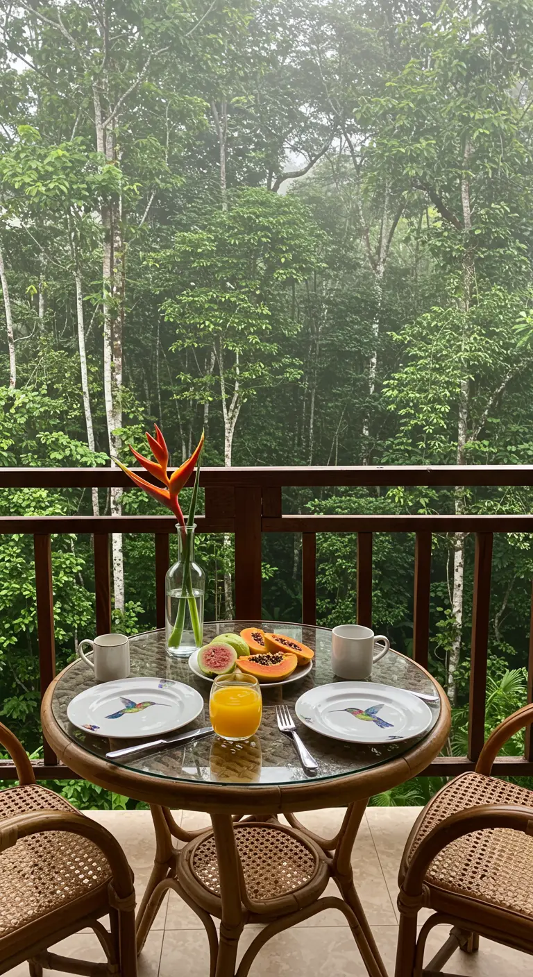 Pequeña mesa de desayuno en un balcón con vistas a un frondoso bosque tropical.