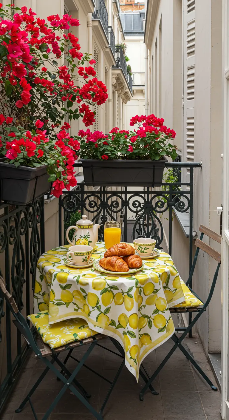 Balcón parisino estrecho con mesa de desayuno y buganvillas rojas en jardineras.