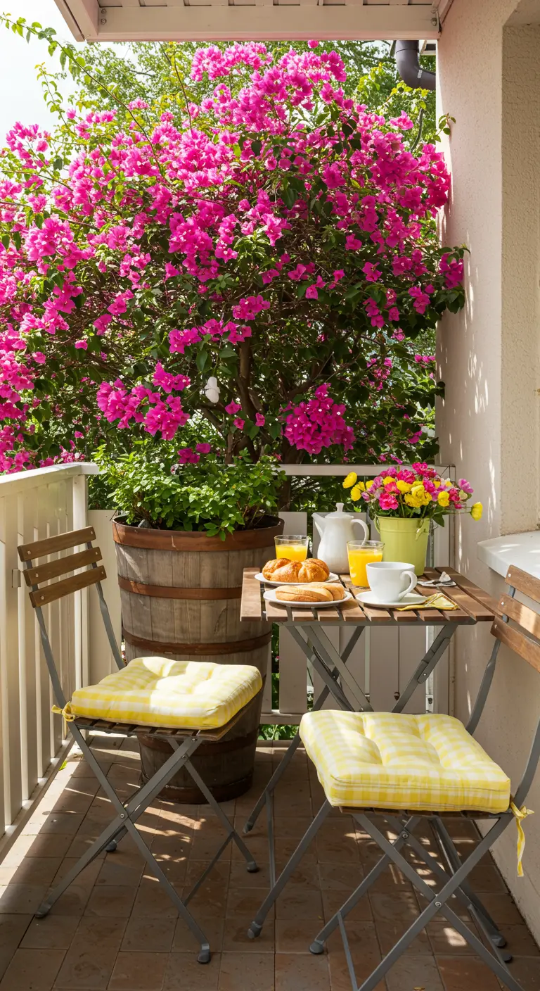 Rincón de desayuno en balcón con buganvilla en barril y cojines de cuadros amarillos.