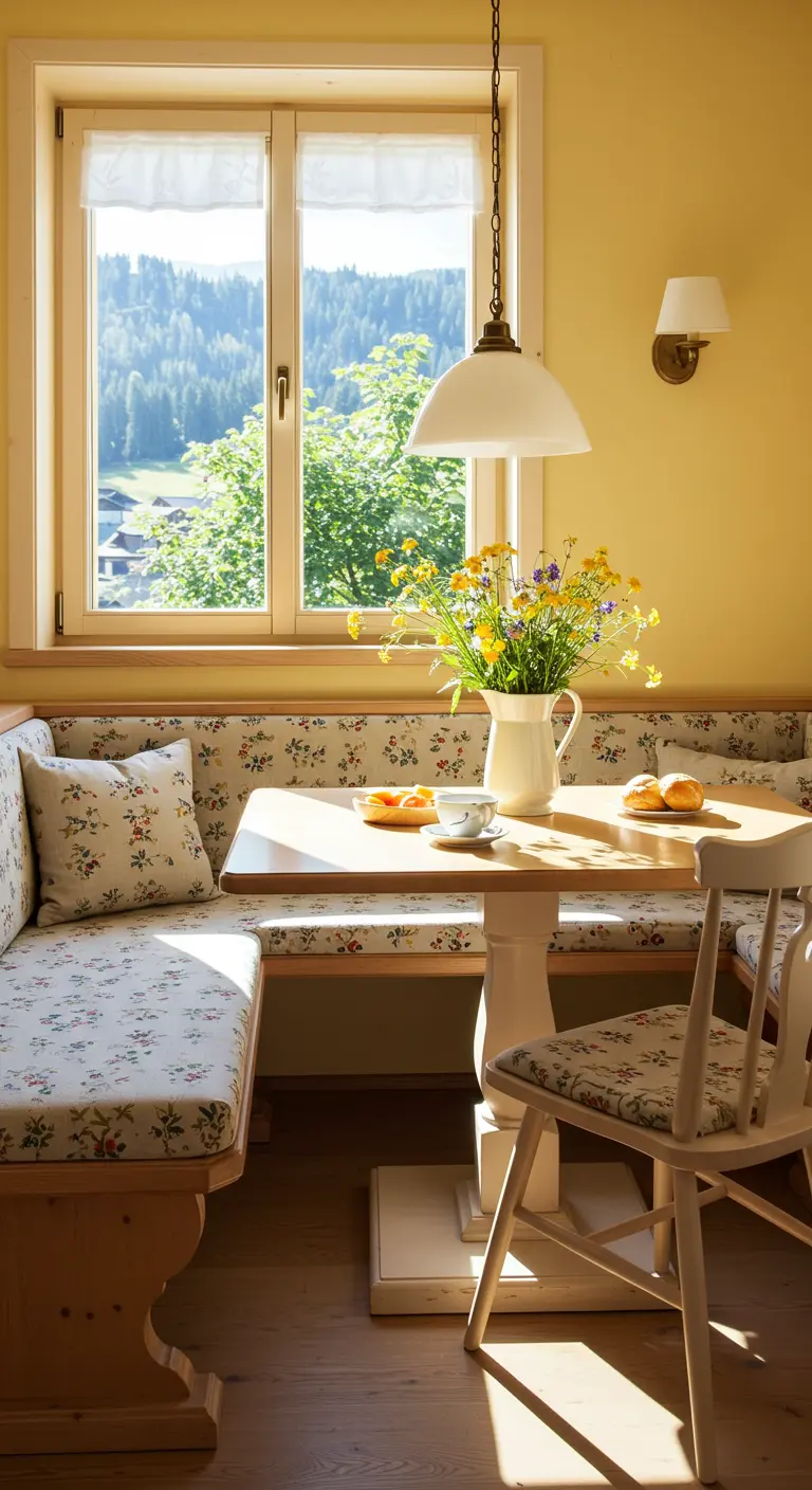Rincón de desayuno con banco tapizado en tela floral, paredes amarillas y mesa de pedestal blanca.