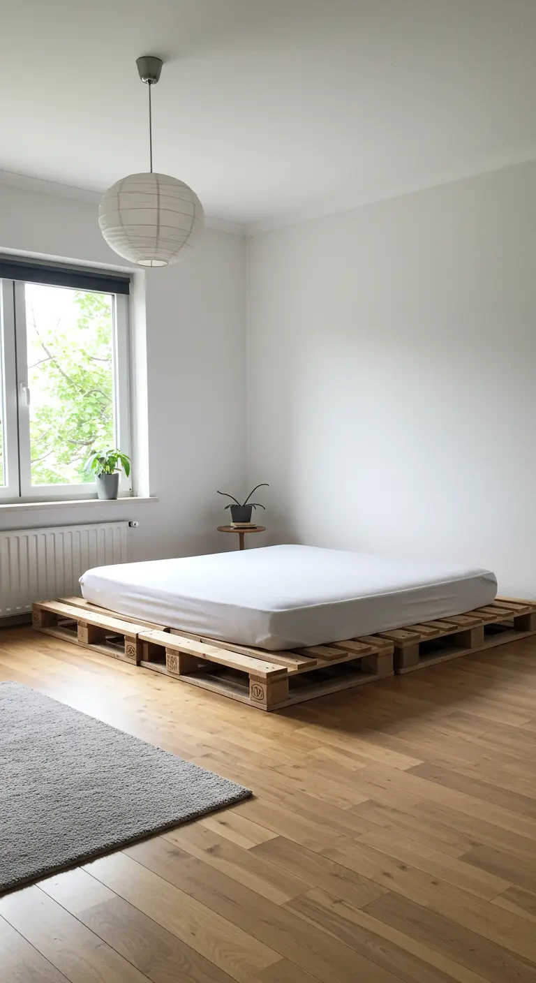 Plataforma de cama baja hecha con varios pallets de madera natural en un dormitorio minimalista.
