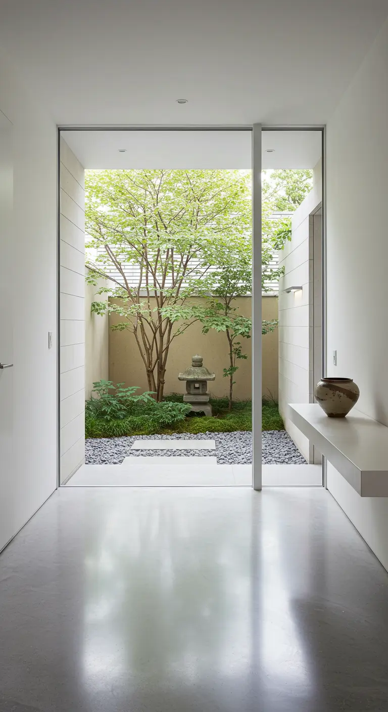 Pasillo blanco que se abre a un patio interior con un jardín japonés.