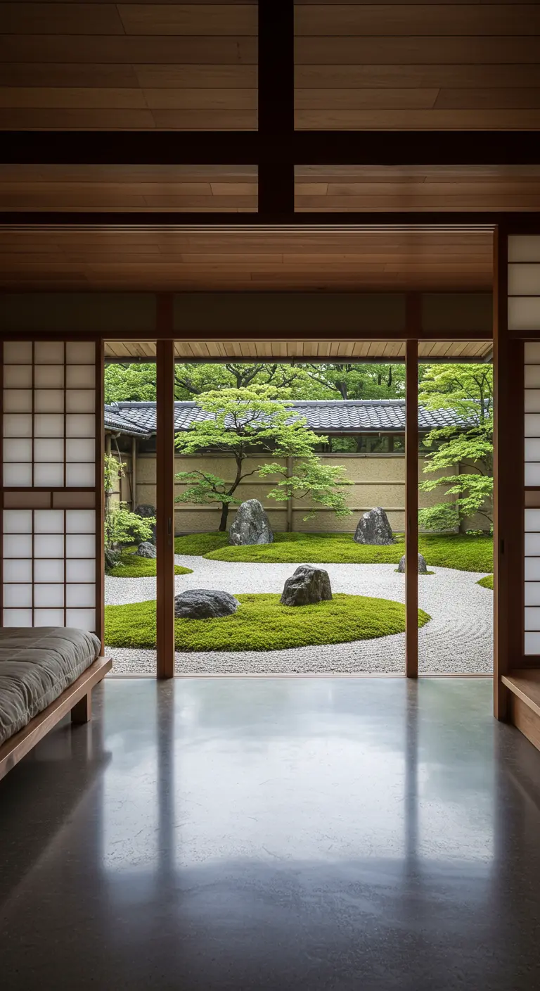 Dormitorio con puertas correderas abiertas a un jardín zen con rocas y musgo.