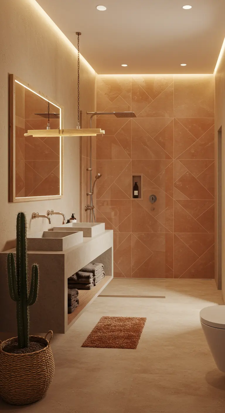 Baño minimalista de microcemento terracota con lavabos de obra y un gran cactus